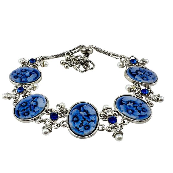 Vintage Style Victorian Revival Blue Faux Floral Cameo Silver Tone Bolo Bracelet - Picture 4 of 5